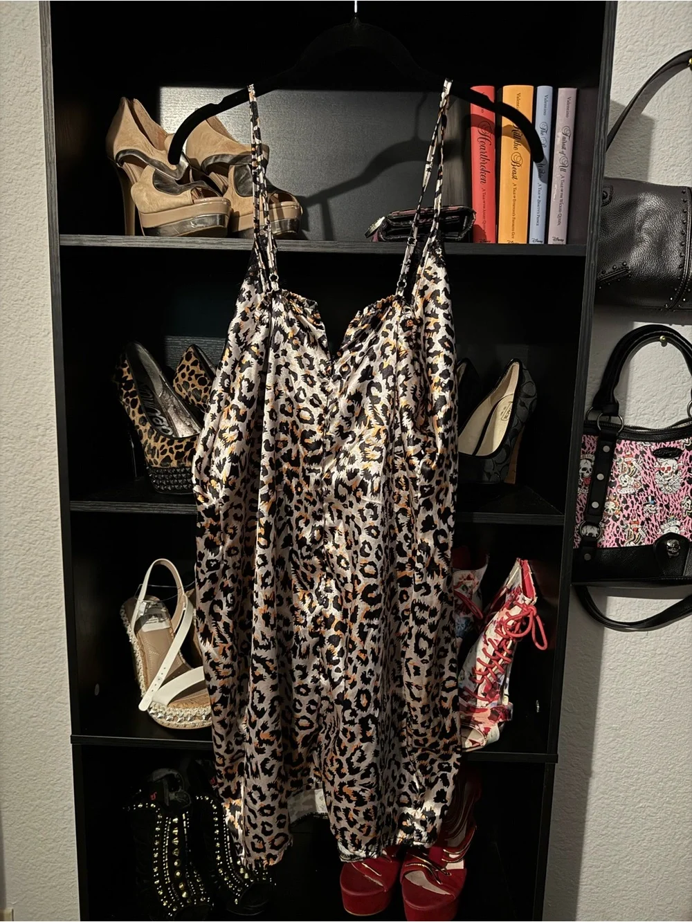 Leopard-Print Satin Chemise with Black Lace Trim
